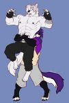  2019 4_toes abs anthro canid canine canis digital_media_(artwork) domestic_dog faint fur hair hug male mammal nipples purple_hair smile toes white_fur 