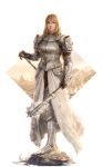  1girl arm_belt armor artist_name bearer_of_the_curse blonde_hair boots chainmail dark_souls_ii glint gloves greaves grey_footwear helmet highres holding holding_weapon jdori knight long_hair mace rock smile solo souls_(from_software) standing weapon white_background 