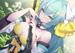  1girl aqua_hair aqua_kimono bikini bow breasts calder cleavage detached_collar dragon_girl dragon_horns fate/grand_order fate_(series) frilled_bikini frills hair_bow holding holding_weapon horns japanese_clothes kimono kiyohime_(fate/grand_order) kiyohime_(swimsuit_lancer)_(fate) large_breasts long_hair obi off-shoulder_kimono polearm sash solo swimsuit upper_body weapon wide_sleeves yellow_bikini yellow_bow yellow_eyes 