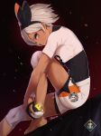  1girl absurdres artist_logo barefoot black_gloves bodysuit_under_clothes breasts crop_top dark_skin expressionless glint gloves gumihiko hairband highres knee_pads knee_to_chest looking_at_viewer medium_breasts orange_gloves poke_ball pokemon pokemon_(game) pokemon_swsh profile saitou_(pokemon) shirt short_hair short_shorts short_sleeves shorts silver_eyes silver_hair single_glove sitting solo thick_eyebrows thighs tied_shirt twitter_username two-tone_gloves ultra_ball wind wristband 