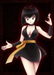  1girl bangs bare_legs bare_shoulders black_dress black_hair bob_cut breasts choker cleavage collarbone dress eyeliner fingerless_gloves gauntlets gloves hand_up hands_up inuyasha large_breasts lipstick looking_at_viewer makeup nyaaan obi open_mouth pink_eyes ribbon sash short_hair side_slit simple_background skirt skull smile solo tagme thighs v-neck yura(inuyasha) 