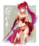  1girl armlet armor bare_shoulders belt bikini_armor breastplate breasts buckle buckler circlet earrings elbow_gloves forehead_protector gloves gorget greaves green_eyes highres iesupa jewelry leg_armor long_hair midriff navel ponytail pyrrha_nikos red_hair rwby sarong shield solo sword vambraces weapon xiphos_(sword) 