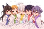 5girls :d ^_^ ahoge black_bow blonde_hair blush bow brown_hair chiya_(urara_meirochou) clenched_hand closed_eyes closed_mouth commentary_request copyright_name eyebrows_visible_through_hair girl_sandwich green_eyes hair_between_eyes hair_bow hair_bun hand_on_another&#039;s_shoulder highres japanese_clothes kimono long_hair long_sleeves mole mole_under_eye multiple_girls natsume_nono obi open_mouth ponytail purple_eyes purple_hair romaji_text sandwiched sash smile tatsumi_kon uchino_maiko urara_meirochou white_background white_hair yukimi_koume 