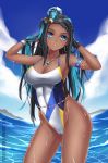  1girl armlet belly_chain black_hair blue_eyes bracelet breasts cleavage collarbone competition_swimsuit cowboy_shot dark_skin day earrings eyeliner hair_ornament highleg highres hoop_earrings jewelry large_breasts looking_at_viewer makeup midnight_(banyex) multicolored_hair necklace one-piece_swimsuit outdoors patreon_username pendant pokemon pokemon_(game) pokemon_swsh rurina_(pokemon) solo standing swimsuit two-tone_hair water watermark web_address wet 