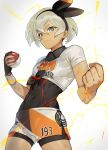  1girl abs black_gloves bodysuit_under_clothes breasts clenched_hand covered_navel cowboy_shot crack crop_top dark_skin expressionless eyebrows_visible_through_hair gloves hair_between_eyes hairband hieung highres looking_at_viewer medium_breasts poke_ball pokemon pokemon_(game) pokemon_swsh saitou_(pokemon) scar shirt short_hair short_shorts short_sleeves shorts silver_eyes silver_hair simple_background single_glove solo tied_shirt white_background wristband 