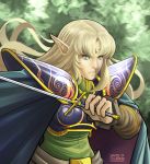  1girl armor artist_name bangs blonde_hair cape circlet dated david_calderon day deedlit elf fantasy green_background green_eyes highres holding holding_sword holding_weapon long_hair looking_at_viewer outdoors parted_bangs pointy_ears record_of_lodoss_war solo standing sword upper_body very_long_hair weapon 