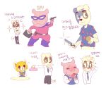  2019 aggressive_retsuko ailurid anai_(aggretsuko) anthro badger blush clothed clothing common_hippopotamus female gun hippopotamid japanese_badger kabae knife korean_text male mammal meles mustelid musteline necktie ranged_weapon red_panda retsuko salvador_bear sanrio smile spy text translation_request weapon 