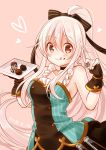  1girl :q absurdres blush bow breasts brown_eyes brown_gloves chiya_(urara_meirochou) chocolate chocolate_heart closed_mouth commentary_request dated dress eyebrows_visible_through_hair food food_on_face gloves hair_between_eyes hair_bow heart high_ponytail highres holding holding_food kirara_fantasia long_hair looking_at_viewer medium_breasts number pink_background smile solo striped striped_bow tongue tongue_out uchino_maiko urara_meirochou valentine very_long_hair white_hair 