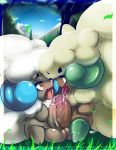 absurd_res after_kiss balls blush bodily_fluids flora_fauna grass hi_res humanoid maehdoggie male male/male nintendo nude penis plant pok&eacute;mon pok&eacute;mon_(species) saliva saliva_string shiny_pok&eacute;mon signature tongue tongue_out video_games whimsicott yellow_eyes 