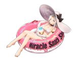 1girl absurdres armlet bangs bare_legs barefoot bikini blue_eyes bow breasts choker cleavage crab eating english_text full_body gloves hat hat_bow highres innertube long_hair looking_at_viewer lying medium_breasts navel on_back original parted_bangs peachpa shaved_ice silver_hair simple_background solo sun_hat swimsuit white_background white_bikini white_gloves white_headwear 