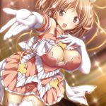 1girl blush breasts brown_eyes brown_hair cleavage dress elbow_gloves eyebrows_visible_through_hair gloves highres koku large_breasts looking_at_viewer mafuka_nemuru official_art open_mouth outstretched_arm realive solo sparkle thighhighs 