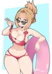  1girl :d alternate_hairstyle artist_name belly bikini blonde_hair boku_no_hero_academia breasts cleavage collarbone eyebrows_visible_through_hair highres hot_vr innertube large_breasts lips looking_at_viewer navel open_mouth plump smile solo strap_pull sunglasses swimsuit thigh_gap thighs tied_hair utsushimi_kemii v 