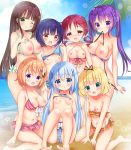  6+girls :d bangs bare_arms bare_legs bare_shoulders barefoot beach bikini bikini_pull blonde_hair blue_bikini blue_eyes blue_hair blue_sky blush bow breasts brown_eyes brown_hair chestnut_mouth closed_mouth cloud collarbone commentary_request day eyebrows_visible_through_hair gochuumon_wa_usagi_desu_ka? green_bikini green_eyes hair_between_eyes hair_ornament hair_scrunchie hairclip horizon hoto_cocoa jouga_maya kafuu_chino kirima_sharo large_breasts long_hair medium_breasts mouth_hold multiple_girls natsu_megumi navel nipples ocean open_mouth orange_bikini outdoors parted_lips pink_bikini plaid plaid_bikini polka_dot polka_dot_bikini purple_bikini purple_eyes purple_hair red_hair rikatan scrunchie sitting sky small_breasts smile standing striped striped_bow swimsuit tedeza_rize twintails ujimatsu_chiya very_long_hair water white_scrunchie x_hair_ornament 