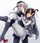  2girls black_bodysuit blue_eyes blush bodysuit boots breasts brown_hair cape carrying clothes_writing cosplay eyebrows_visible_through_hair grey_cape hachimaki hair_between_eyes hair_flaps hairband hatsuzuki_(kantai_collection) hatsuzuki_(kantai_collection)_(cosplay) headband highres kantai_collection knee_boots long_hair looking_at_viewer low_ponytail medium_breasts multiple_girls neckerchief nuka_(nvkka) one_side_up open_mouth pantyhose pleated_skirt princess_carry rudder_footwear sailor_collar school_uniform serafuku short_hair silver_hair skirt smile suzutsuki_(kantai_collection) suzutsuki_(kantai_collection)_(cosplay) white_bodysuit yellow_eyes 