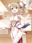  1girl adapted_costume alternate_costume alternate_hairstyle armpits baozi braid breasts china_dress chinese_clothes cielo_oceano cowboy_shot crown_braid double_bun dress feh_(fire_emblem_heroes) fire_emblem fire_emblem_heroes food green_eyes indoors looking_at_viewer medium_breasts open_mouth pelvic_curtain side_slit smile solo sparkle steam thighhighs thighs white_legwear 
