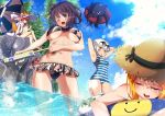  4girls absurdres alternate_costume animal_ear_fluff animal_ears armpits bangs beach_umbrella bikini blonde_hair blue_bikini blue_sky breasts casual_one-piece_swimsuit closed_eyes day ears_through_headwear facial_scar fate/grand_order fate_(series) floral_print fox_ears fox_girl fox_tail green_eyes hair_bun hat highres huge_filesize innertube jack_the_ripper_(fate/apocrypha) katsushika_hokusai_(fate/grand_order) kawaruhi multiple_girls ocean octopus one-piece_swimsuit one_eye_closed outdoors parted_bangs paul_bunyan_(fate/grand_order) pink_hair purple_bikini purple_eyes purple_hair scar scar_across_eye scar_on_cheek side-tie_bikini sitting sky small_breasts striped striped_swimsuit sun_hat swimsuit tail tamamo_(fate)_(all) tamamo_no_mae_(swimsuit_lancer)_(fate) tokitarou_(fate/grand_order) umbrella wading wet white_hair yellow_eyes 