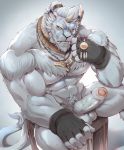  2019 abs amber_eyes anthro balls beard biceps choker clothing erection facial_hair fangs feathers final_fantasy final_fantasy_xiv fur gloves grey_fur hair handwear horn hrothgar jewelry looking_at_viewer male muscular muscular_male navel necklace nipples nude pecs penis pubes quads sharp_teeth silver_hair sitting sollyz solo square_enix teeth triceps uncut vein veiny_penis video_games 