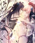  2girls absurdres arcaea bangs bare_arms bare_shoulders black_bow black_camisole black_eyes black_hair black_panties blue_flower blue_rose blush bow bra bra_lift breast_press breasts camisole censored commentary crying crying_with_eyes_open eye_contact eyebrows_visible_through_hair flower hair_between_eyes hair_bow hair_flower hair_ornament hat highres hikari_(arcaea) long_hair looking_at_another medium_breasts multiple_girls nose_blush outstretched_arms panties pink_bra pink_hair pink_panties profile red_eyes red_headwear rose saliva saliva_trail see-through symmetrical_docking tairitsu_(arcaea) tandohark tears tongue tongue_out underwear underwear_only very_long_hair yuri 