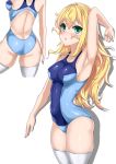  1girl absurdres arm_up armpits ass back back_cutout bangs blonde_hair blue_swimsuit blush breasts butt_crack collarbone contrapposto covered_navel covered_nipples cowboy_shot crotch_seam eyebrows_visible_through_hair from_behind green_eyes hair_between_eyes highres lfafa long_hair looking_at_viewer medium_breasts mole mole_under_eye multiple_views one-piece_swimsuit original parted_lips pink_nails shiny shiny_clothes shiny_skin sidelocks simple_background skindentation solo standing swimsuit thighhighs two-tone_swimsuit white_legwear 