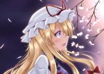  1girl absurdres blonde_hair cherry_blossoms commentary_request hair_ribbon hat hat_ribbon highres huge_filesize ibuibuyou long_hair mob_cap open_mouth partial_commentary purple_eyes ribbon signature solo tabard tears touhou tress_ribbon upper_body yakumo_yukari 