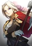  1girl axe blonde_hair blue_eyes cape cravat edelgard_von_hresvelgr_(fire_emblem) fire_emblem fire_emblem:_three_houses gloves hair_ornament hair_ribbon highres kuno_(runkunochan) long_hair looking_at_viewer nintendo red_cape ribbon simple_background solo uniform weapon white_background 