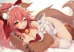  1girl animal_ear_fluff animal_ears apron bed_sheet bell bell_collar bow breast_press breasts cat_hair_ornament cat_paws collar commentary commentary_request fangs fate/grand_order fate_(series) fox_ears fox_girl fox_tail gloves hair_ornament hairclip jingle_bell looking_at_viewer maid_headdress muryotaro naked_apron one_eye_closed paw_gloves paw_shoes paws pink_hair ponytail shoes smile solo tail tamamo_(fate)_(all) tamamo_cat_(fate) 