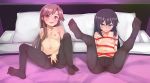  2girls arashio_(kantai_collection) asashio_(kantai_collection) bangs bare_arms bare_shoulders bed bed_sheet black_legwear blush bound breasts censored collarbone commission crotch_seam eyebrows_visible_through_hair falsche.shido from_above grin hair_between_eyes highres hitachi_magic_wand indoors kantai_collection legs_up light_smile long_hair looking_at_viewer lying mosaic_censoring multiple_girls navel nipples no_shoes object_insertion on_back on_bed open_mouth pantyhose partially_visible_vulva pillow presenting pussy pussy_juice ribbon ribbon_bondage sitting smile spread_legs spread_pussy spread_pussy_under_clothes teeth thighband_pantyhose topless vaginal vaginal_object_insertion vibrator vibrator_under_clothes 