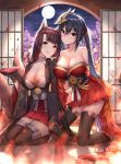  2girls akagi_(azur_lane) alcohol animal_ears azur_lane backlighting bangs bare_shoulders black_gloves black_hair black_legwear breasts cherry_blossoms chrysanthemum cleavage closed_mouth commentary_request crossed_bangs cup fire floral_print flower fox_ears fox_girl fox_tail full_moon gloves hair_ribbon highres holding japanese_clothes kimono kneeling large_breasts long_hair long_sleeves looking_at_viewer mask mask_on_head miniskirt moon multiple_girls multiple_tails obi off_shoulder parted_lips partly_fingerless_gloves petals pleated_skirt red_eyes red_kimono red_skirt ribbon sakazuki sake sash seiza short_kimono silver15 sitting skirt smile taihou_(azur_lane) tail thighhighs twintails very_long_hair wide_sleeves zettai_ryouiki 