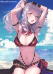  1girl :o armpits arms_behind_head arms_up ascot bare_arms bare_shoulders bikini blue_sky bracelet breasts brown_eyes carmilla_(fate/grand_order) cleavage cloud cloudy_sky commentary_request curly_hair day eyewear_on_head fate/grand_order fate_(series) gradient_sky groin hair_ornament highleg highleg_bikini horizon jewelry large_breasts long_hair looking_at_viewer navel ocean open_mouth ponytail red_bikini red_neckwear sarong sidelocks silver_hair sky solo sunglasses suzuho_hotaru swimsuit thighs twitter_username 