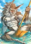  anthro blush canid canine convenient_censorship hi_res looking_at_viewer male mammal muscular muscular_male nude outside partially_submerged rabbity seth_(tas) solo spread_legs spreading 