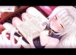  1girl absurdres aroused azur_lane blush book breasts chair commander_(azur_lane) commentary english_commentary gloves hair_ornament heart heart-shaped_pupils heavy_breathing highres long_hair looking_at_viewer mole mole_under_eye one_breast_out open_mouth p_ion pov silver_hair sitting sitting_on_person small_breasts solo_focus symbol-shaped_pupils table tattoo tongue yellow_eyes z46_(azur_lane) 