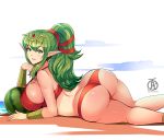  big_breasts big_butt bikini breasts butt clothing female fire_emblem green_eyes green_hair hair hi_res humanoid humanoid_pointy_ears looking_at_viewer looking_back mammal manakete nintendo not_furry revolverwing solo swimwear tiki_(fire_emblem) video_games 