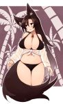  1girl absurdres animal_ear_fluff animal_ears bikini black_bikini breasts brooch brown_hair cleavage collarbone commentary commentary_request embarrassed fang highres imaizumi_kagerou jewelry kaginoni large_breasts long_hair looking_away looking_to_the_side palm_tree palms red_eyes solo swimsuit tail touhou tree wolf_ears wolf_tail 