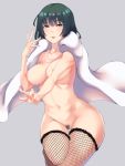  1girl abs black_hair black_mutou breasts cape cowboy_shot eyebrows_visible_through_hair fishnet_pantyhose fishnets fubuki_(one-punch_man) green_eyes grey_background highres jewelry lips looking_at_viewer medium_breasts navel necklace nipples one-punch_man open_mouth pantyhose pearl_necklace pubic_hair pussy short_hair simple_background solo thigh_gap thighs topless 