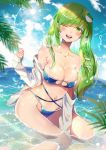  1girl ;d arm_support bandeau bangs bare_legs bare_shoulders bikini blue_bikini blue_sky blush breasts cleavage cloud commentary_request day eyebrows_visible_through_hair feet_out_of_frame frog_hair_ornament green_eyes green_hair groin hair_ornament hair_tubes highres jacket jewelry kochiya_sanae large_breasts lens_flare long_hair long_sleeves looking_at_viewer navel necklace ocean off_shoulder one_eye_closed open_clothes open_jacket open_mouth outdoors satoupote sidelocks sitting sky smile snake_hair_ornament solo star star_necklace stomach strapless strapless_bikini sun swimsuit thighs touhou wariza water water_drop white_jacket 