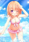 1girl ;d arm_up bangs bare_arms bare_shoulders bikini blue_sky blush breasts brown_hair cleavage cloud cloudy_sky collarbone commentary_request day eyebrows_visible_through_hair front-tie_bikini front-tie_top gochuumon_wa_usagi_desu_ka? groin hair_between_eyes hoto_cocoa kedama_(kedama_akaza) leaning_forward looking_at_viewer medium_breasts navel one_eye_closed open_mouth outdoors pink_bikini purple_eyes sky smile solo swimsuit water water_drop 