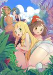  4girls ass beanie black_hair blonde_hair blue_eyes blue_hair blue_swimsuit braid breasts brown_eyes chorimokki dark_skin dress dress_lift green_eyes green_hair hat interlocked_fingers leaf lillie_(pokemon) long_hair looking_at_viewer mao_(pokemon) mizuki_(pokemon) multiple_girls nipples one-piece_swimsuit open_mouth palm_tree panties pink_panties plant pokemon pokemon_(game) pokemon_sm short_hair sitting suiren_(pokemon) swimsuit topless tree twin_braids twintails underwear white_panties yuri 