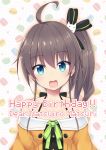  1girl ahoge blue_eyes brown_hair collarbone commentary_request english_text hair_ribbon happy_birthday highres hololive lapsuswolf looking_at_viewer macaron_background natsuiro_matsuri open_mouth portrait ribbon short_hair side_ponytail solo virtual_youtuber 