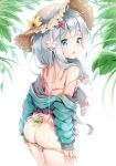  1girl ass bangs bare_shoulders bikini blue_eyes blush bow commentary_request eromanga_sensei eyebrows_visible_through_hair flower from_behind green_jacket hair_bow hair_flower hair_ornament hair_over_shoulder hat highres izumi_sagiri jacket leaf long_hair long_sleeves looking_at_viewer open_bikini open_clothes open_mouth pedo0201 pink_bow ribbon silver_hair solo straw_hat sun_hat swimsuit white_flower 