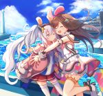  2girls a.i._channel absurdres animal_ears azur_lane bangs bare_shoulders blue_sky brown_hair bunny_ears closed_eyes closed_mouth commentary_request crossover day detached_collar dock frilled_skirt frills hair_between_eyes hairband heart highres hug huge_filesize jacket kizuna_ai kizuna_ai_(anniversary)_(azur_lane) laffey_(azur_lane) lighthouse long_hair long_sleeves looking_at_another multicolored_hair multiple_girls ocean one_eye_closed open_mouth outdoors pleated_skirt red_eyes silver_hair skirt sky sleeveless sleeves_past_wrists standing standing_on_one_leg streaked_hair sunlight thigh_strap thighhighs twintails umika35 very_long_hair white_footwear white_legwear wrist_cuffs 