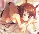  1girl ass black_bra black_footwear black_nails black_panties blurry bra bra_removed breasts brown_eyes brown_hair c_c closed_mouth collarbone flipped_hair gloves gloves_removed headgear jewelry kantai_collection looking_at_viewer medium_breasts mutsu_(kantai_collection) on_bed panties ring shadow short_hair sideboob smile socks solo topless underwear wedding_band white_gloves 