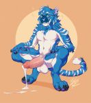  anthro balls bigroundlion blue_fur bodily_fluids crouching cum eyewear fangs felid fur genital_fluids glasses humanoid_penis invalid_tag male mammal nude penis sabertooth_(anatomy) solo toes 