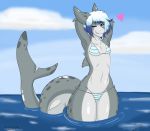  &lt;3 bikini blue_eyes blue_hair breasts clothed clothing cloud female fish hair hi_res jeffthehusky long_tail marine shark short_hair skimpy small_breasts solo swimwear thick_thighs water wide_hips 