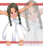  1girl abenobashi_mahou_shoutengai asahina_arumi braid breasts brown_hair commentary_request dress graphite_(medium) long_hair looking_at_viewer millipen_(medium) onnaski smile solo tan traditional_media twin_braids 