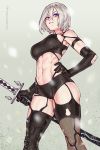  1girl abs android armpits bbc-chan black_gloves blue_eyes breasts cleavage elbow_gloves eyebrows_visible_through_hair eyes_visible_through_hair gloves grey_background hand_on_hip highres holding holding_weapon looking_at_viewer mole mole_under_mouth navel nier_(series) nier_automata robot_joints scabbard serious sheath short_hair short_shorts shorts silver_hair simple_background solo standing stomach sword toned weapon yorha_type_a_no._2 