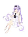  1girl absurdres arm_support armlet bangs black_bow black_hairband bow bracelet closed_mouth doggo34476335 dress euryale fate/hollow_ataraxia fate_(series) flower from_above full_body hair_flower hair_ornament hairband highres jewelry long_hair purple_eyes purple_hair rose shiny shiny_hair short_dress side_slit simple_background sitting sleeveless sleeveless_dress smile solo thighlet twintails very_long_hair white_background white_dress white_flower white_rose 
