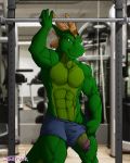  anthro clothed clothing dragon gym hi_res humanoid_penis male muscular muscular_male penis penis_through_leghole poking_out saruuk solo standing topless uncut vein 