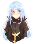  1girl black_coat blue_hair closed_mouth cropped_torso eyebrows_visible_through_hair hair_between_eyes highres long_hair long_sleeves looking_at_viewer rimuru_tempest sakusan_yousoeki shiny shiny_hair sketch smile solo sparkle straight_hair tensei_shitara_slime_datta_ken very_long_hair yellow_eyes 