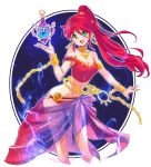  1girl absurdres belt breasts chain circlet cleavage cuffs earrings genie gold_chain gold_trim gorget green_eyes highres iesupa jewelry midriff navel off_shoulder ponytail pyrrha_nikos red_hair rwby sarong shackles solo 