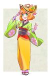  1girl absurdres ahoge curly_hair eyebrows_visible_through_hair food freckles fruit full_body green_eyes highres iesupa japanese_clothes kimono looking_at_viewer open_mouth orange orange_hair penny_polendina rwby sandals short_hair smile solo wide_sleeves 